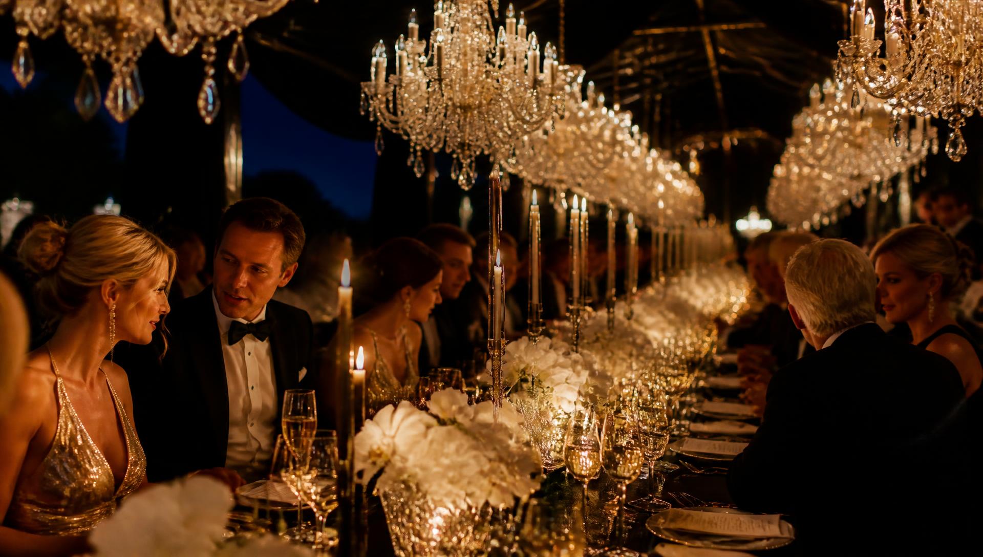Candlelit gala banquet table beneath crystal chandeliers